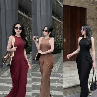 Váy Body Nữ Cổ Tròn Dáng Dài LUMICA D187, Đầm Body Nữ Thiết Kế Nhún Eo Hông Sang Chảnh Phong Cách Hàn Quốc