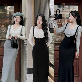 Đầm Body Dạng Yếm Mẫu Dài Mix Kèm Áo Ôm Dài Tay Trẻ Trung,Váy Đầm Nữ Phong Cách Hàn Quốc MINION D098