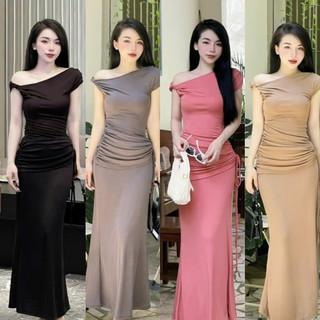 Đầm Body Lệch Vai Dáng Dài Nhún Eo, Váy Đầm Nữ Thời Trang Quyến Rũ Cao Cấp Đi Tiệc Đi Chơi LOTERY D164