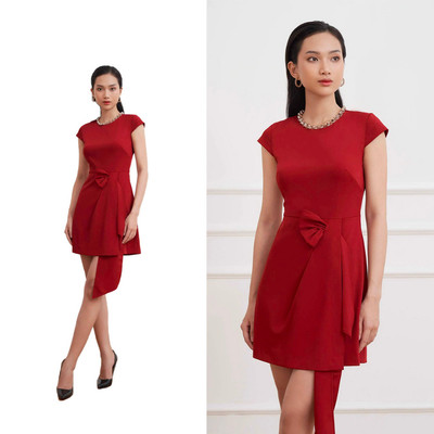  N&M Club Đầm thời trang nữ vải lụa sen tay ngắn kèm nơ 2111013
