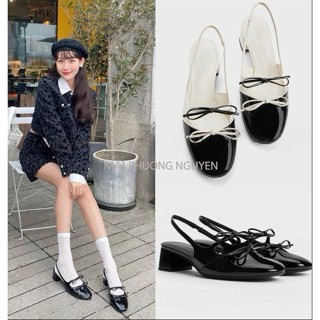 [LÙI SIZE] Giày búp bê nữ guốc cao gót mũi tròn quai hậu 2 nơ gót vuông cnk eoodoo [8408]