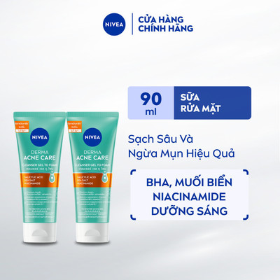 Bộ 2 Sữa Rửa Mặt NIVEA Derma Acne Care Gel Tạo Bọt Sạch Sâu Giảm Mụn (90 ml) - 94270x2