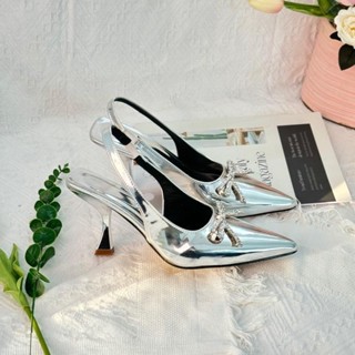  Giày cao gót 8p V.A.N màu bạc dễ đi dễ phối đồ phong cách tiểu thư mặt giày phối nơ đá - H25 