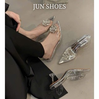 Giày Cao Gót Mũi Nhọn Trong Suốt 7 Phân, Guốc Nữ Mica Đính Hoa Đá Sang Chảnh Nữ Tính - JUN SHOES - H48