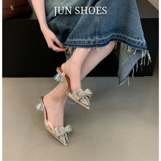 Giày Cao Gót Nữ 7 Phân Trong Suốt Phối Nơ Đá Bắt Sáng, Guốc Cao Gót Nữ Quai Ngang Tiểu Thư H46 - JUN SHOES