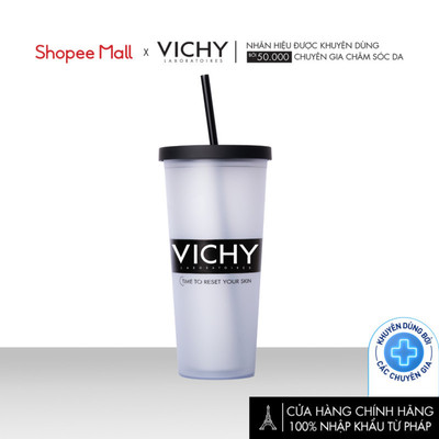 [HB GIFT – Quà tặng không bán] Ly nhựa Vichy nhám trong suốt, nắp đen kèm ống hút (BST Time to reset your skin)