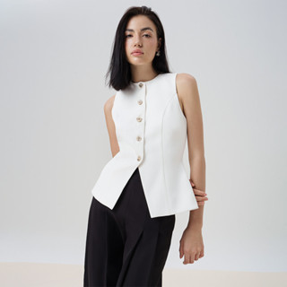 RECHIC Áo kiểu Sally sát nách trơn chiết eo xẻ tà áo cổ tròn thanh lịch