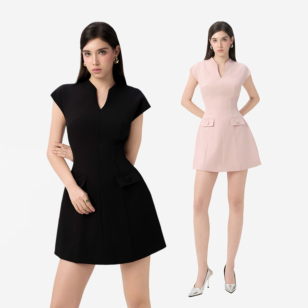 RECHIC Đầm ngắn Sinley cổ V chiết eo phối nắp túi giả sang trọng thanh lịch