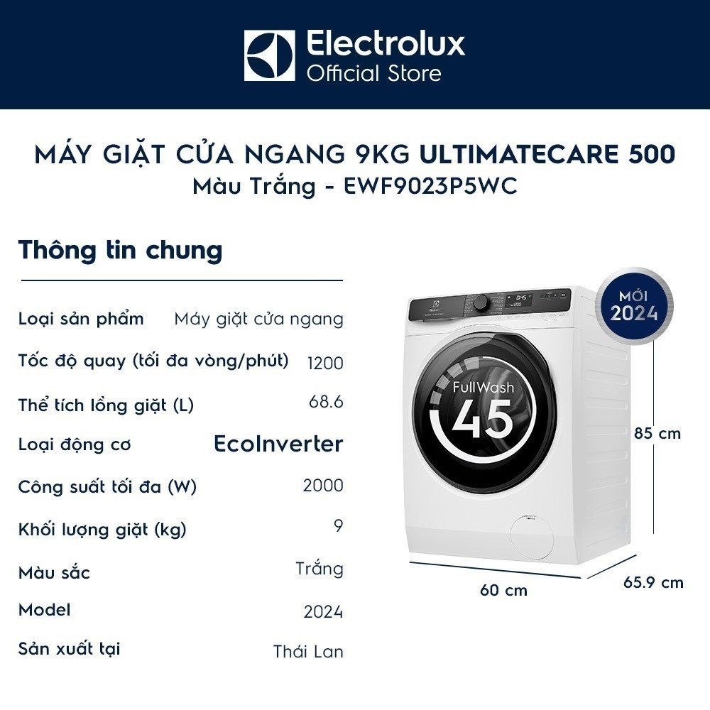 Free giao lắp - Máy giặt cửa ngang 9KG Electrolux S500 EWF9023P5WC - giặt đẩy tải 45 phút, UltraMix, EcoInverter | BigBuy360 - bigbuy360.vn