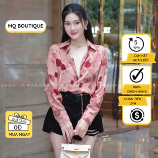  Sơ mi lụa hoa hồng thiết kế MQ Boutique họa tiết hoa hồng nhỏ nền hồng chất lỳ mát dáng cơ bản lụa Nhật 