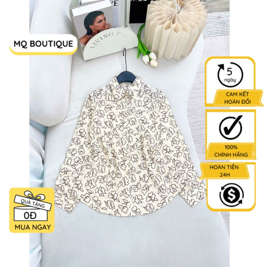 Sơ mi hoa nhỏ đen MQ Boutique họa tiết hoa nhỏ đen nền be thiết kế dáng cơ bản chất không nhăn mát