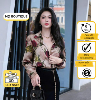  Sơ mi lụa hoa hồng bông MQ Boutique họa tiết hoa hồng to nền nâu mềm mịn mát nhẹ công sở dáng cơ bản 