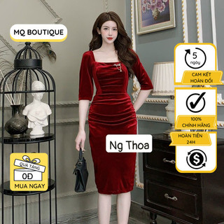 Váy nhung dáng ôm body dự tiệc công sở nữ rúm sườn xếp ly ngực cổ vuông , đầm nhung thiết kế MQ Boutique cao cấp