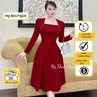 Váy nhung tay dài dự tiệc nữ dáng xòe phối hạt viền cổ vuôn tay bồng sang trọng , đầm nhung thiết kế MQ Boutique cao cấp