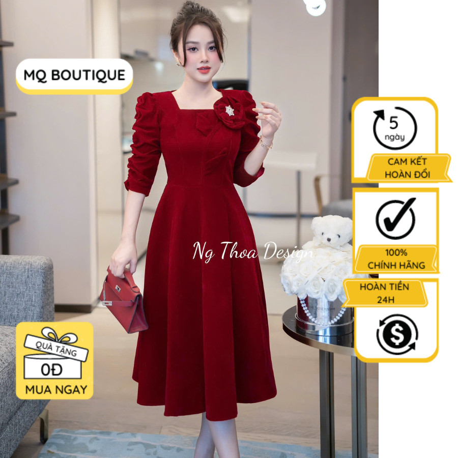 Váy nhung dự tiệc dáng xèo tay bồng cổ vuông phối hoa hạt sang trọng ,đầm nhung thiết kế MQ Boutique