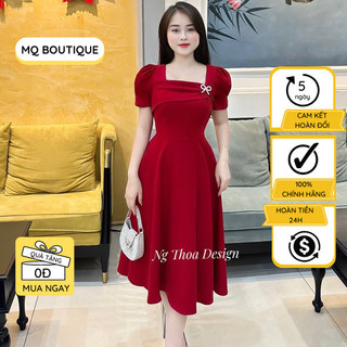 Váy xòe dự tiệc công sở thiết kế cổ vuông tay cộc bồng đáp ngực cao cấp, đầm thiết kế MQ Boutique cao cấp