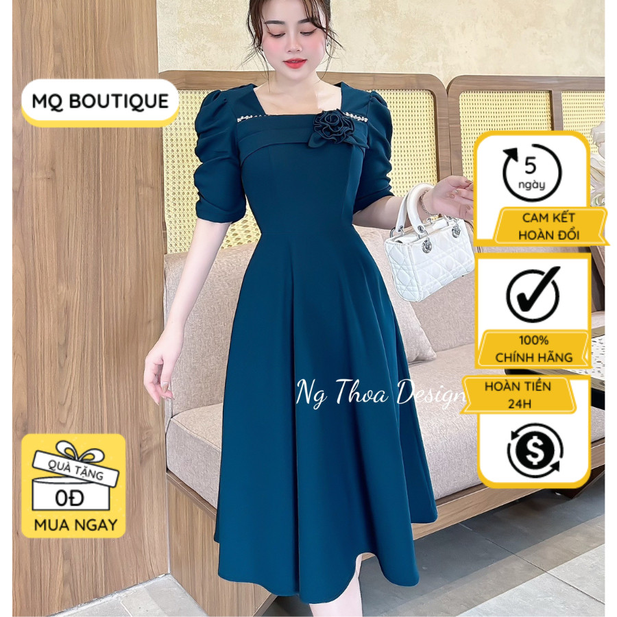 Váy công sở nữ liền thân dáng xòe cổ vuông đính hạt kèm hoa tay bồng, Đầm thiết kế MQ Boutique cao c