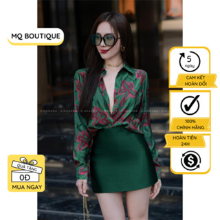  Áo lụa Nhật xanh sơ mi tay dài nữ họa tiết hoa hồng đỏ nền xanh lá thiết kế cao cấp áo sơmi thiết kế MQ Boutique 