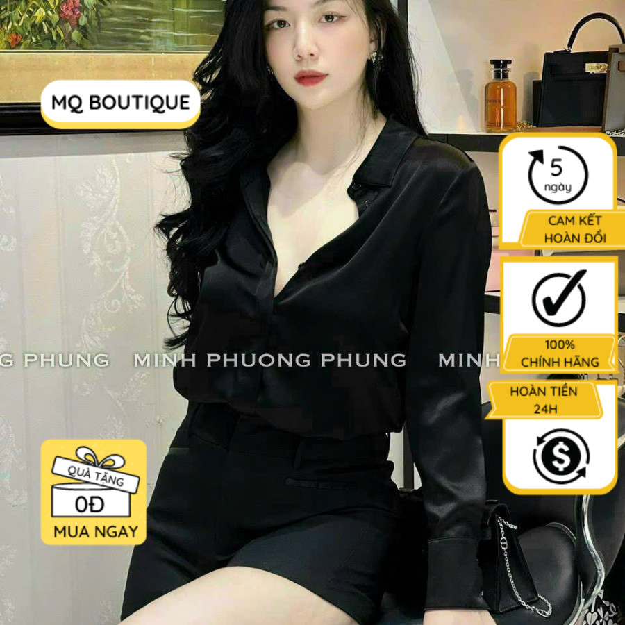 Áo lụa trơn đen sơ mi dài tay cao cấp công sở thiết kế, áo sơmi họa tiết thiết kế MQ Boutique