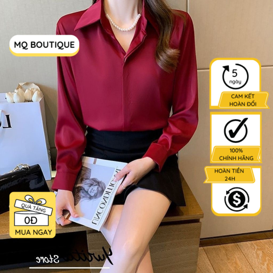 Áo lụa đỏ trơn sơ mi dài tay cao cấp công sở thiết kế, áo sơmi họa tiết thiết kế MQ Boutique