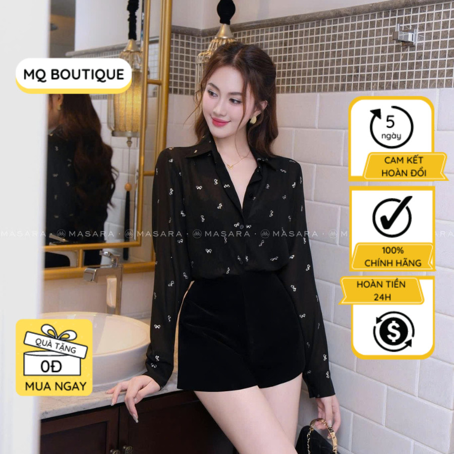 Sơ mi tơ nữ nhũ trắng đen thiết kế MQ Boutique họa tiết nơ nhỏ đính nhũ tay dài cao cấp công sở