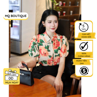  Áo hoa lụa Nhật sơ mi nữ cộc tay thiết kế MQ Boutique tay chuông bo gấu dáng croptop thiêt kế nhiều màu hoa 