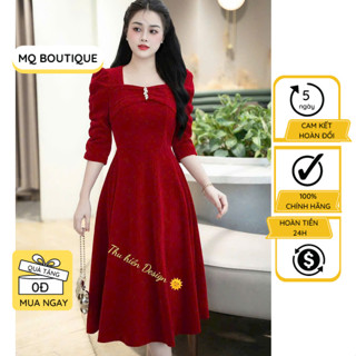  Váy nhung dự tiệc  MQ Boutique nữ dáng xòe tay lỡ bồng vai cổ vuông đính trang trí đáp ngực đá đầm thiết kế cao cấp 