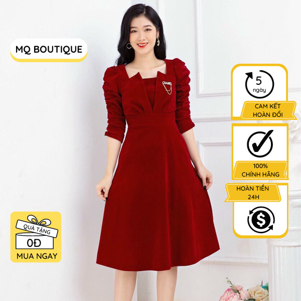 Váy nhung nữ dự tiệc công sở dáng xòe tay rúm bồng, cúp ngực 2 bên thiết kế MQ Boutique cao cấp