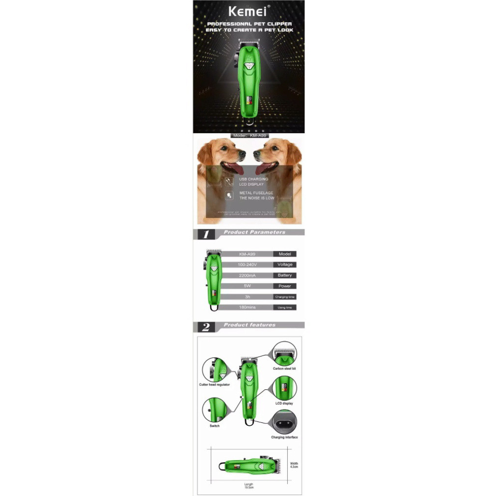 Tông đơ cạo lông thú cưng Kemei KM-A99, Tông Đơ Cắt Lông Chó Mèo Đa Năng KM A99 Chính Hãng  - Hoangr