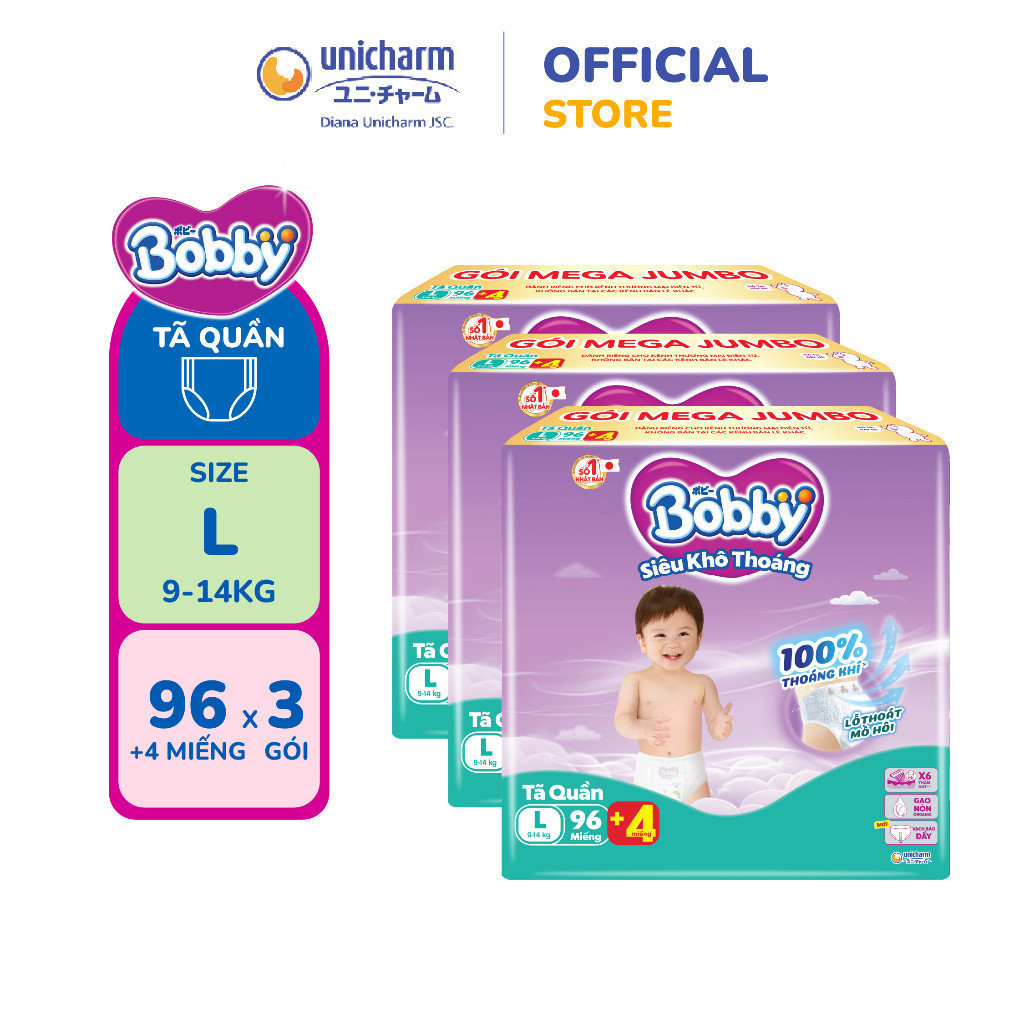 [TẶNG KÈM 12 MIẾNG] Combo 3 Tã quần Bobby Siêu Khô Thoáng - 100% Thoáng Khí Mega Jumbo M112/L96/XL84