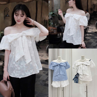 Áo Babydoll Nơ Ngực 2 Màu Thiết Kế Trễ Vai Tay Bồng, Chất Vải Thô Nhật Thêu Hoa Nổi Bật (Ảnh Thật Trải Sàn) Lollaye
