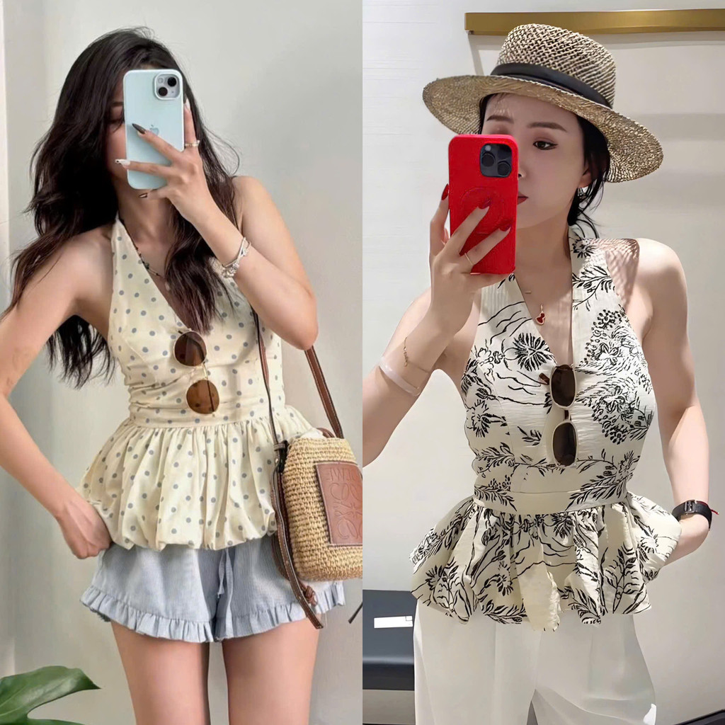 [Hàng Thiết Kế]: Áo Cổ Yếm Xòe Bồng Phối Chun Lưng Ôm V1 2 Màu Hot Hit (Ảnh Thật Trải Sàn) Lollaye