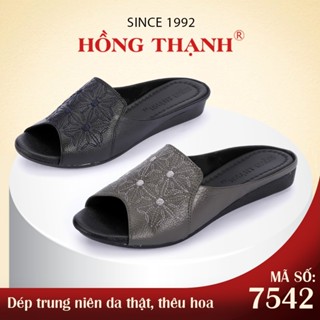 Dép Trung Niên Nữ HỒNG THẠNH Chất Da Thật Mềm Mại Thêu Hoạ Tiết - 7542