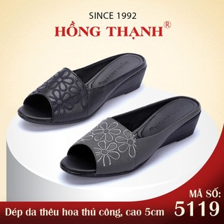  Dép Nữ Trung Niên HỒNG THẠNH Dép Da Bò Đế Xuồng Cao 5cm Thêu Hoa Sang Trọng - 5119 
