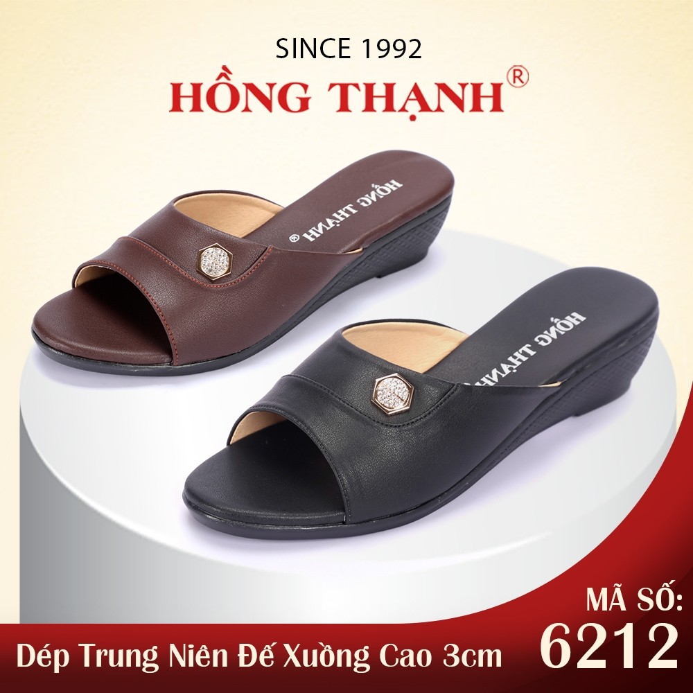  Dép Trung Niên Nữ HỒNG THẠNH Đế Xuồng Cao 3cm Chất Da Bò Êm Chân - 6212 