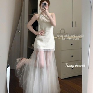 váy tiểu thư sang chảnh,váy nữ sang chảnh sát nách phối 2 lớp ren ô bling chân váy lưới bồng xoè siêu điệu đà E116