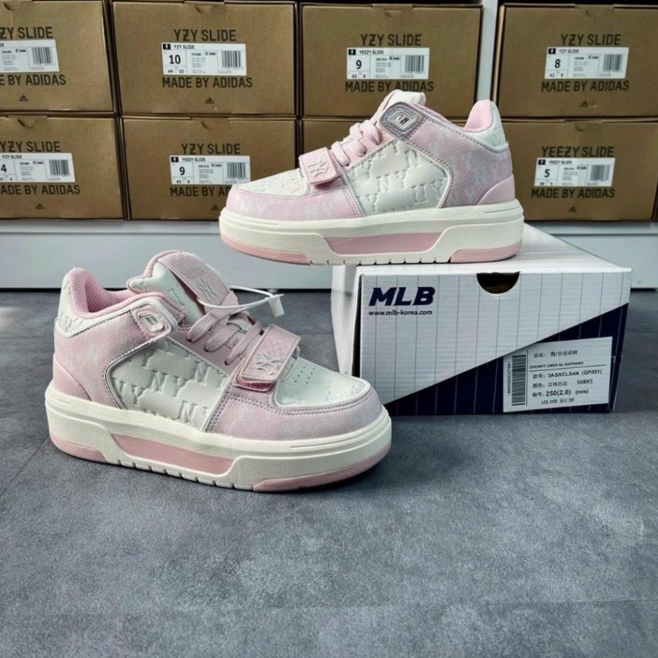 Giày MLB Chunky Liner Mid Monogram NY Pink Hồng Trắng, Sneaker MLB hồng trắng cao cấp