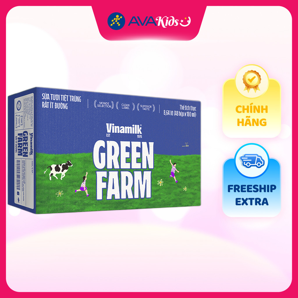 Thùng 48 hộp sữa tươi tiệt trùng Vinamilk Green Farm rất ít đường 180 ml (từ 1 tuổi)