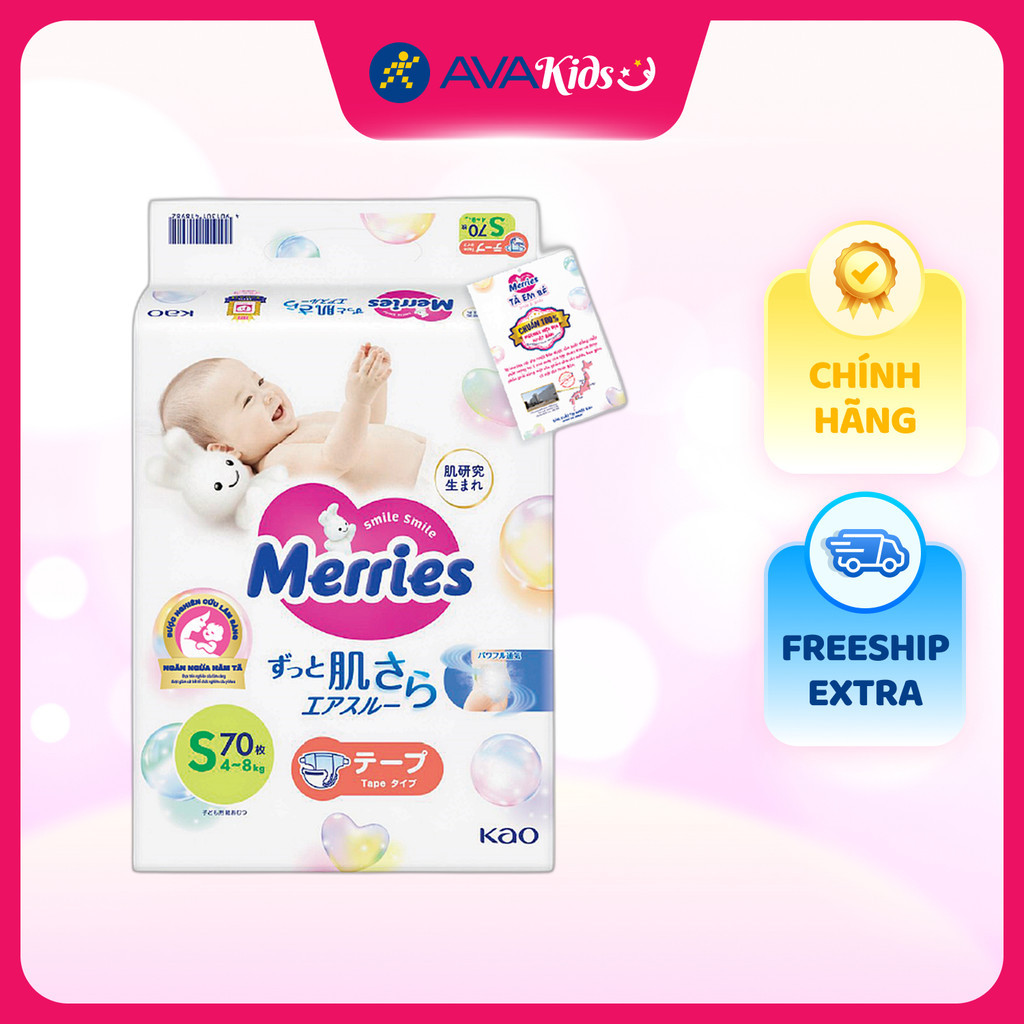 Tã dán Merries size S 70 miếng (4 - 8 kg)
