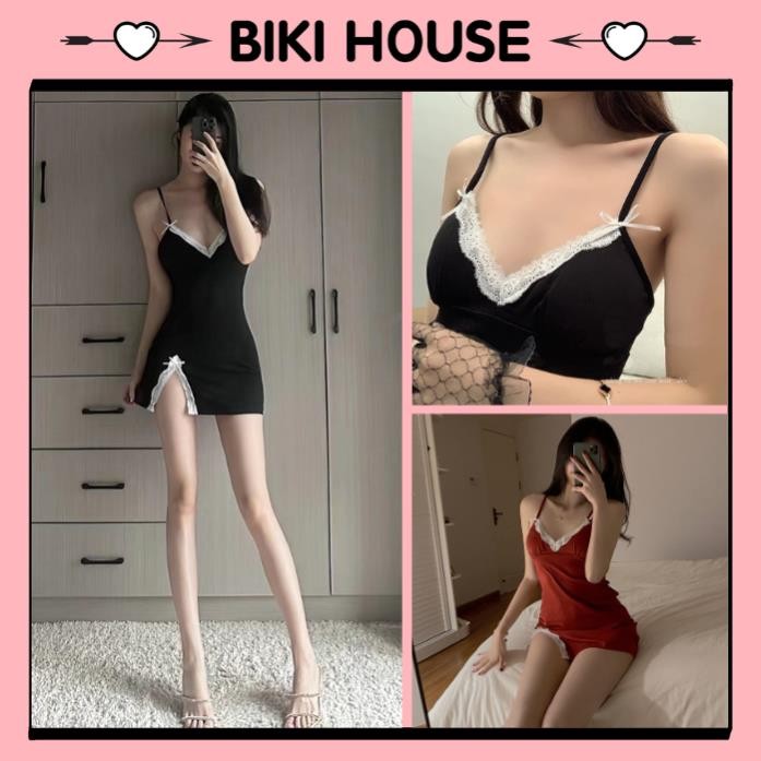 Váy ngủ body sexy xẻ tà gợi cảm đầm ngu thun 2 dây trơn phối ren đen đỏ siêu xinh BIKI HOUSE N252