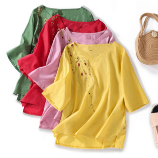 Áo trung niên nữ thêu hoa cổ tim tay lỡ Elizabeth áo kiểu nữ form rộng bigsize tặng Mẹ chất liệu mềm mát AKH.74