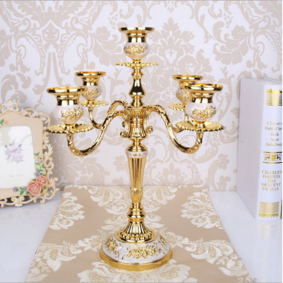 Chân nến vàng bạc 5 tay trang trí bàn tiệc họa tiết hoa văn cao 36cm