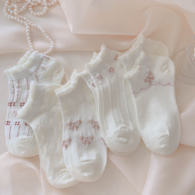 (SOTIRIA) Set 5 Đôi Tất dệt kim trắng nơ túi vân nổi phong thái korea Mẫu tt13