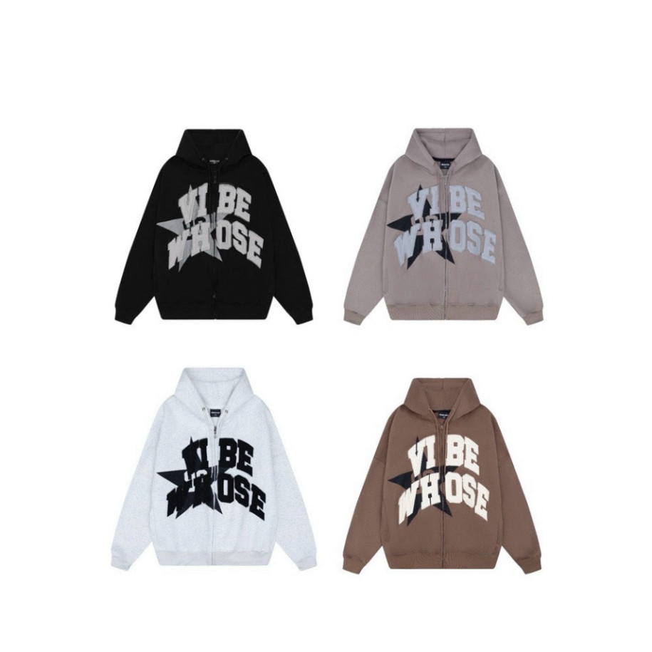 Áo Khoác Hoodie Zip Vibe Whose Hoạ Tiết Ngôi Sao Chất Liệu Nỉ Bông Form Rộng Unisex