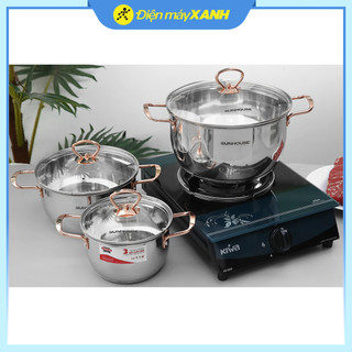  Bộ 3 nồi inox 3 đáy nắp kính Sunhouse SHG306 
