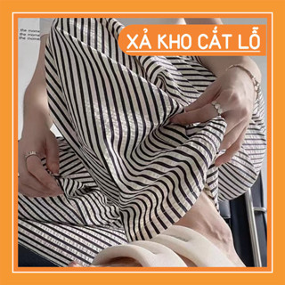 Quần kẻ ống rộng dáng suông nữ cạp chun lưng cao hoạ tiết kẻ sọc lạ mắt chất đũi thô nhăn, Quần ống rộng