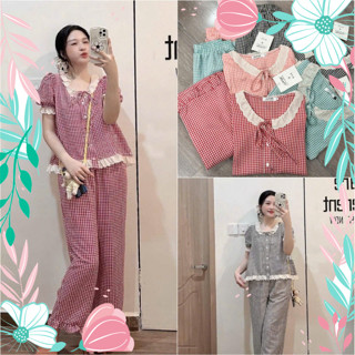  BỘ PIJAMA CARO REN sét bộ mặc nhà  áo cộc + quần dài suông chất kết hàn mềm. Đủ size SMLXL 40kg- 70kg  Nữ 