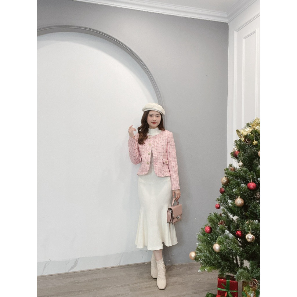 Áo Dạ Tweed Cổ Tròn 2 Nắp Túi Cao Cấp Min House