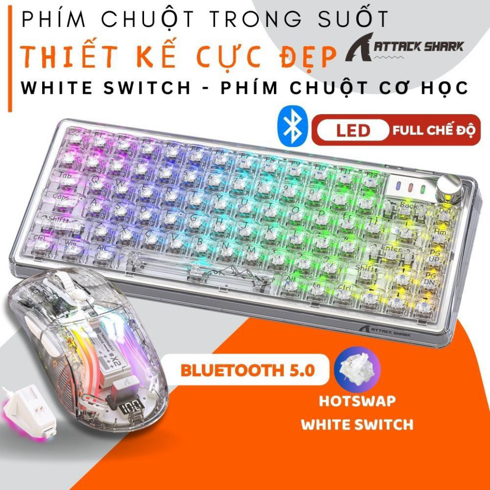 Bàn Phím Cơ Bluetooth Và Chuột Trong Suốt Attack Shark K75 Và X2 PRO Led Rgb Trục Cơ White Switch, H