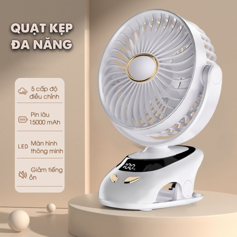 Quạt Kẹp Bàn Mini Cầm Tay - Quạt Mini Kẹp Bàn Tích Điện 5 Tốc Độ Gió, Xoay Linh Hoạt Có Đèn LED